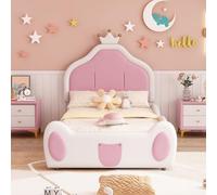 Witimisy Lettino imbottito per bambini, testiera con corona, design a doghe per bambini sulla testa e sui piedi del letto, design patchwork bicolore, tessuto in similpelle, 210 x 97 x 117 cm (bianco)