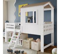 Witimisy Lettino, letto a mezza altezza, letto con tetto e finestra, recinzione a quattro lati, con piccola scala, spazio libero sotto il letto, pino+MDF + compensato, bianco+naturale, 203,5 x 131,5 x