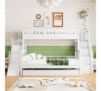 Witimisy Lettino per bambini, in legno massiccio, con scivolo e scaffale, con gradini di sicurezza, letto a rotelle e rete a doghe, bianco, 297 x 160 x 160 cm