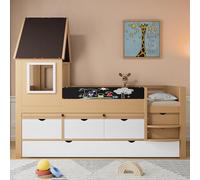 Witimisy Letto a castello, con cassetti e letto estraibile, con tavolo allungabile, letto in legno con finestra, ampio spazio di archiviazione, pannello graffiti, pino+MDF, bianco e naturale, 204,5 x