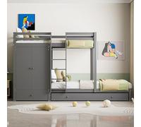 Witimisy Letto a castello in legno massiccio, multifunzionale con armadio, con letto estraibile, cassetti e vano portaoggetti, grigio, 205 x 96 x 125 cm