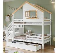 Witimisy Letto a castello, letto in legno, piccolo design raffinato con una finestra, scale di immagazzinaggio, spazio sotto il letto, pino+MDF, bianco e naturale, 254 x 95 x 237,5 cm