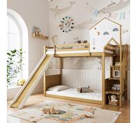 Witimisy Letto a castello, letto per bambini, letto con scala angolare, con tetto e finestra, lettino con 3 armadietti nelle scale, con scivolo, pino+MDF, bianco e naturale, 245 x 237 x 216,5 cm