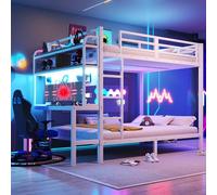 Witimisy Letto a castello multifunzione con scrivania, LED e porta USB, ringhiera di sicurezza, scala, vano portaoggetti e telaio in ferro, 248 x 146 x 169,4 cm (senza materasso) (bianco)