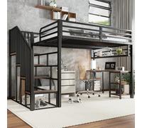 Witimisy Letto a soppalco con scale e scrivania, scaletta sicura con corrimano, con rete a doghe e scaffale, robusto letto in ferro nero, 257 x 124 x 160 cm