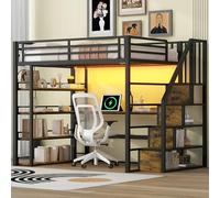Witimisy Letto a soppalco con scrivania integrata e porta USB, moderno letto in metallo con illuminazione a LED e molto spazio di archiviazione, letto da lavoro con scale nere, 252 x 144 x 180 cm