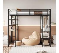 Witimisy Letto a soppalco in metallo con scala, letto matrimoniale con tavolo, con semplici grucce e ripiani, 204 x 145 x 180 cm (nero)