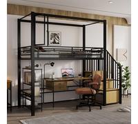 Witimisy Letto a soppalco, letto in ferro, scale con un armadio e ripiani, pannello in acrilico con attrazione magnetica, design libero del piano inferiore, nero + naturale, 255 x 95 x 223 cm