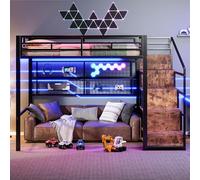 Witimisy Letto a soppalco, telaio in ferro, con armadio, scala per riporre oggetti, spazio libero sotto il letto, 7 luci LED a 7 colori, senza materasso, 254,5 x 144,5 x 176 cm (nero)