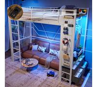 Witimisy Letto a soppalco, telaio in ferro, con barra a secco, ringhiera, con ripiano perforato, 4 cassetti, con presa USB + TypeC, barra LED, senza materasso, 227,5 x 95 x 180 cm (bianco)