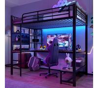 Witimisy Letto a soppalco, telaio in ferro, con scrivania, ringhiera, scaletta, più ripiani, con presa USB + Type-C, con striscia LED, con bordo forato, senza materasso, 204 x 95 x 180 cm (nero)