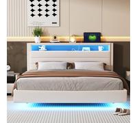 Witimisy Letto doppio piatto, letto per bambini, letto imbottito con presa USB e luce LED, testiera reversibile, poggiapiedi nascosto, tessuto di lino, 214 x 161 x 106 cm (beige)