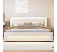 Witimisy Letto imbottito, con illuminazione a LED che cambia colore, con quattro ripiani, letto doppio piatto con rete a doghe, materasso non incluso, tessuto di lino, 208 x 184 x 103 cm (beige)