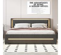 Witimisy Letto imbottito, con illuminazione a LED che cambia colore, con quattro ripiani, letto doppio piatto con rete a doghe, materasso non incluso, tessuto di lino, 208 x 184 x 103 cm (grigio)