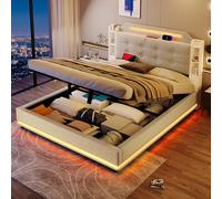 Witimisy Letto imbottito, con striscia luminosa a LED, spazio idraulico, più scomparti, USB + TypeC, senza materasso, lino, 216 x 141 x 115 cm (beige)