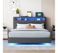 Witimisy Letto imbottito, letto matrimoniale piatto, letto per bambini, con presa USB e luce LED, testiera reversibile, poggiapiedi nascosto, 214 x 141 x 106 cm (grigio)