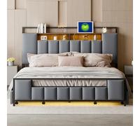 Witimisy Letto imbottito, letto per ragazzi, letto matrimoniale, in similpelle, con luce LED, con presa USB, con cassetti, struttura in ferro massiccio, 219 x 160 x 119,5 cm (grigio)