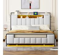 Witimisy Letto imbottito, letto per ragazzi, letto matrimoniale, in similpelle, con luce LED, con presa USB, con cassetti, struttura in ferro massiccio, 219 x 160 x 119,5 cm (bianco)