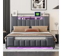 Witimisy Letto imbottito, letto per ragazzi, letto matrimoniale, in similpelle, con luce LED, con presa USB, con cassetti, struttura in ferro massiccio, 219 x 140 x 119,5 cm (grigio)