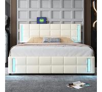 Witimisy Letto imbottito, letto singolo, piatto, letto per bambini, letto per gli ospiti, con presa a LED, 4 cassetti, in lino delicato sulla pelle, 210 x 152 x 105 cm (beige)