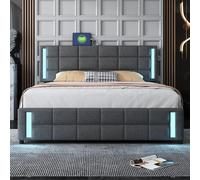 Witimisy Letto imbottito, letto singolo, piatto, letto per bambini, letto per gli ospiti, con presa a LED, 4 cassetti, in lino delicato sulla pelle, 210 x 152 x 105 cm (grigio)