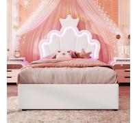 Witimisy Letto imbottito, luce per ambiente radiocomandata, letto con 2 cassetti, letto principesse a forma di corona, testiera regolabile, senza materasso, PU, 203,5 x 93 x 131 cm (bianco)