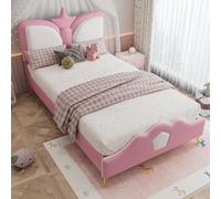 Witimisy Letto imbottito per bambini, con testiera a corona e morbide alette anticollisione, letto singolo giocoso in rosa e bianco, in poliuretano, ferro e spugna di alta qualità, 208 x 95,5 x 104 cm