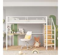 Witimisy Letto in ferro, letto a castello, con tavolo e armadio, scala laterale con corrimano, adatto per bambini e ragazzi, in ferro + truciolato, bianco e naturale, 244 x 95 x 170 cm