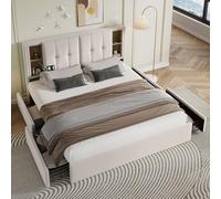 Witimisy Letto matrimoniale con ricarica wireless e USB-C, letto imbottito con 4 cassetti, con doghe in legno, senza materasso, 213 x 165 x 103 cm (beige)