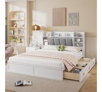 Witimisy Letto matrimoniale, scaffale aperto, tre cassetti con ruote, vano portaoggetti con porta apribile, in pino+MDF + velluto, bianco, grigio, 225 x 167,5 x 120 cm