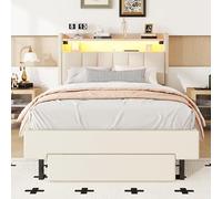 Witimisy Letto piano, imbottito, con lampada termica a LED, presa USB, testata pieghevole, vano portaoggetti integrato, cassapanca per il letto, 216 x 95,5 x 115 cm (beige)