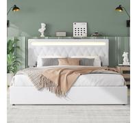 Witimisy Letto piano, imbottito, letto idraulico con meccanismo di sollevamento, luce ambientale che cambia colore, telecomando, porta USB, 205 x 192 x 99 cm (bianco)