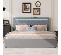 Witimisy Letto piano, imbottito, letto idraulico con meccanismo di sollevamento, luce ambientale che cambia colore, telecomando, porta USB, 205 x 192 x 99 cm (grigio)