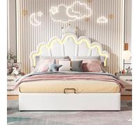 Witimisy Letto piano, imbottito, letto principessa, illuminazione ambiente regolabile, listello, 203 x 140 x 131 cm (bianco)