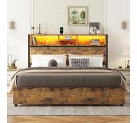 Witimisy Letto piano, meccanismo di sollevamento idraulico, illuminazione ambientale a LED che cambia colore, telecomando a 24 tasti, grande spazio nella cassetta del letto, marrone, 214,5 x 140 x