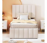 Witimisy Letto singolo piatto, letto per bambini, letto per gli ospiti, letto imbottito con letto pieghevole e cassetti, imbottitura in lino delicato sulla pelle, 200 x 90 x 98/112/118 cm (beige)