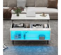 Witimisy Tavolino da caffè regolabile in altezza con spazio nascosto, con luce LED, con spazio di archiviazione e superficie di esposizione in vetro temperato, bianco, 105 x 50 x 43 cm