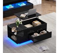 Witimisy Tavolino da salotto regolabile in altezza con spazio nascosto, tavolino con luce LED, tavolo da soggiorno con cassetto, tavolino con presa, 95 x 48 x 42 cm (nero)