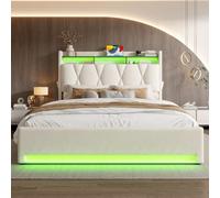 Witimisy Telaio del letto imbottito con illuminazione a LED, USB TypeC, funzione di ricarica e vano sotto il letto, senza materasso, beige, 221 x 166 x 116,5 cm