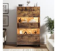 Witimisy Vetrina con illuminazione a LED, armadietto per vino, vetrina con 2 cassetti, vetrina con pannello in acrilico, highboard, librerie con molto spazio, nero e venature del legno, 80 x 40 x 138
