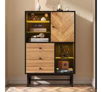 Witimisy Vetrina con striscia luminosa a LED a 12 colori, armadio da cucina con cassetti e ripiani in vetro, venature triangolari del legno, 80 x 40 x 120,5 cm