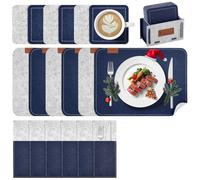 Witnewrage Tovagliette Americane Lavabili, Bifacciale Tovagliette Colazione in Feltro Set di 19: 6 Tovagliette, 6 Sottobicchieri, 6 Borsa per Posate, 1 Scatola Feltro -Blu Scuro + Grigio Chiaro