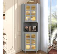 Wiuzo Armadio angolare con strato di vernice e illuminazione a LED, multifunzione ad angolo, per soggiorno, libreria, bagno, camera da letto, pannello MDF con superficie laccata bianca (grigio)