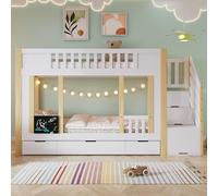 Wiuzo Lettino a castello, culla per le scale con funzione di archiviazione, tre cassetti su ruote, piccola lavagna per scarabocchiare, pino + MDF+PB+compensato, bianco+naturale, 90 x 200 cm