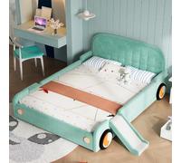 Wiuzo Lettino per bambini, con scivolo e scala, montaggio a sinistra/destra, morbido letto imbottito in verde acqua, letto da gioco con protezione anticaduta per la cameretta dei bambini, 90 x 200 cm