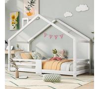 Wiuzo Letto a casetta per bambini con camino, protezione anticaduta, robusta base a doghe, letto a casetta in legno di pino per bambini 90 x 200 cm senza materasso, bianco