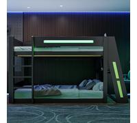 Wiuzo Letto a castello da gioco in legno, 140 x 200 cm, con scrivania, due ripiani, porta USB e illuminazione a LED, nero e verde