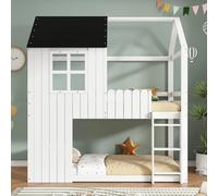 Wiuzo Letto a soppalco, con finestre squisite, splendide forme di casa, scala a tre gradini, recinto su tutti i lati, pino + MDF, bianco + nero, 90 x 200 cm