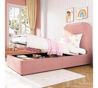 Wiuzo Letto singolo, letto per bambini 90 x 200 cm, letto funzionale idraulico, letto con rete a doghe, testiera e ampio spazio di archiviazione, testiera imbottita, velluto, rosa