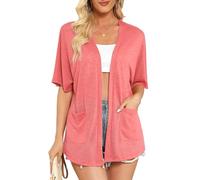 Wiwclo Cardigan a maniche corte da donna, leggero, estivo, kimono, casual, con tasche, Coral A06, M